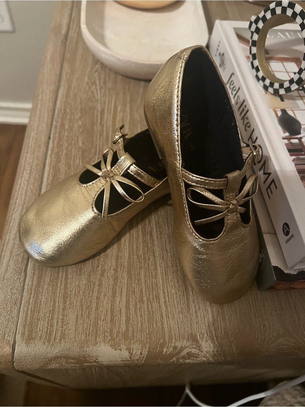 Zara Girls Metallic Gold Bow Mary Jane Flats